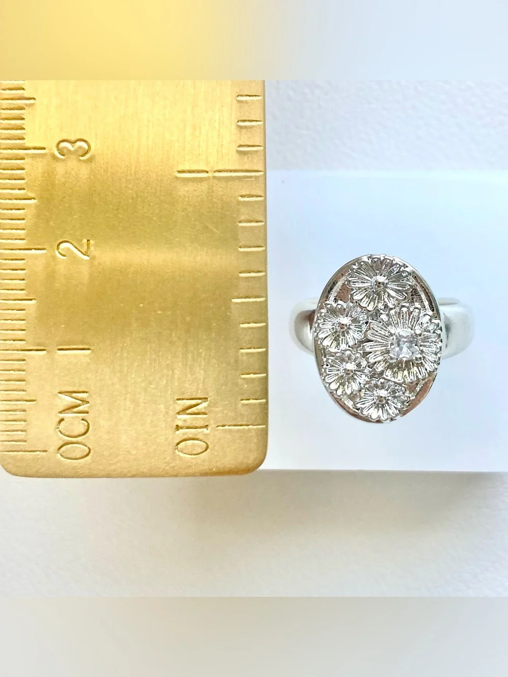 Silver Floral Oval Ring - White Crystal Accent